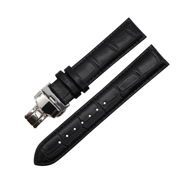 LEATHER WATCH STRAP (Black Strap + Silver Buckle)